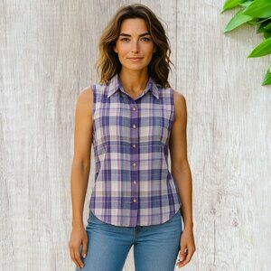 VINTAGE COUNTY SEAT -- Purple Plaid Top, Button Down, Collar, Sleeveless, Cotton